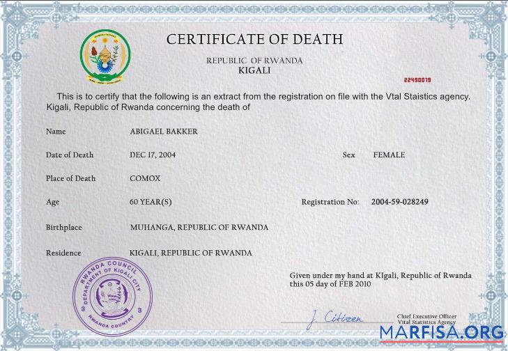 Realistic Rwanda vital record death certificate PSD template